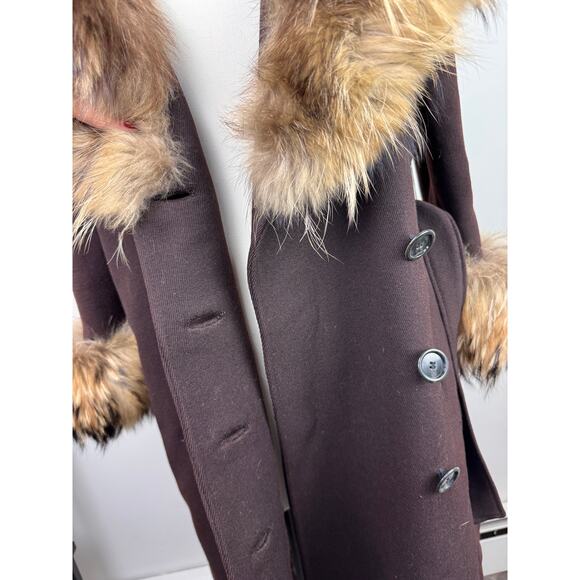 VINTAGE VTG Brown Purple Long Coat Fur Trim Belted Tie Waist Long Sleeve M? - Picture 7 of 11